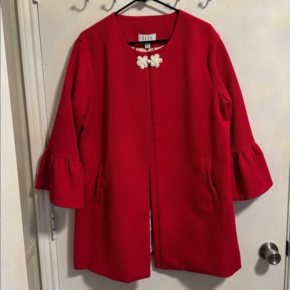 Elle Jackets & Blazers - ELLE Textured Bell Sleeve Jacket Floral Appliqué Button Women’s XL Collarless